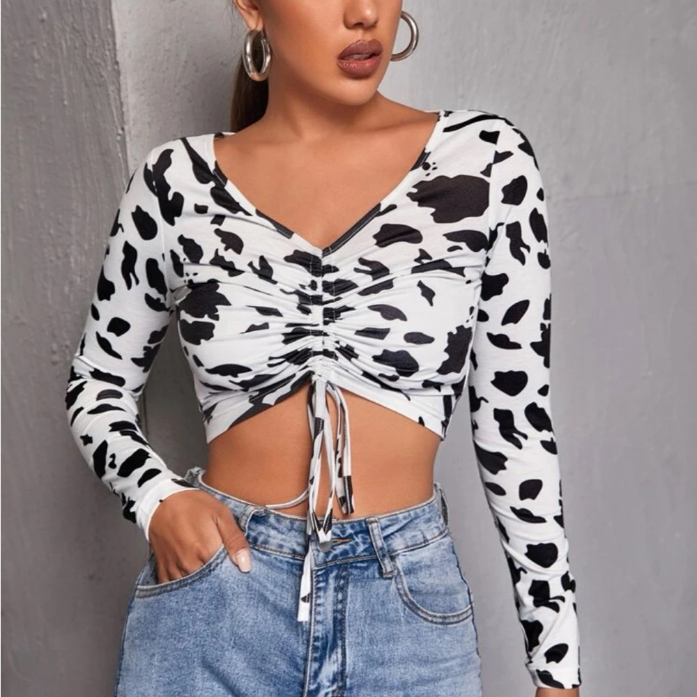 SHEIN Cow Print Drawstring Ruched Crop Top